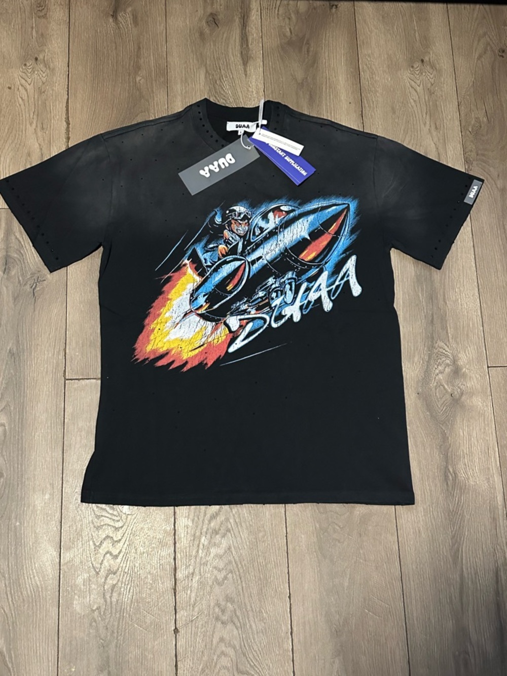 DUAA Black Graphic Rocket Tee with Colorful Flame Print